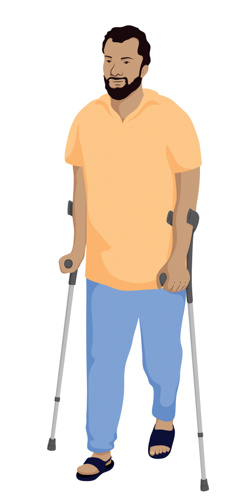 Asif using crutches with prosthesis