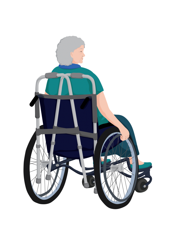 Cali - sitting in a wheelchair with walking frame folded