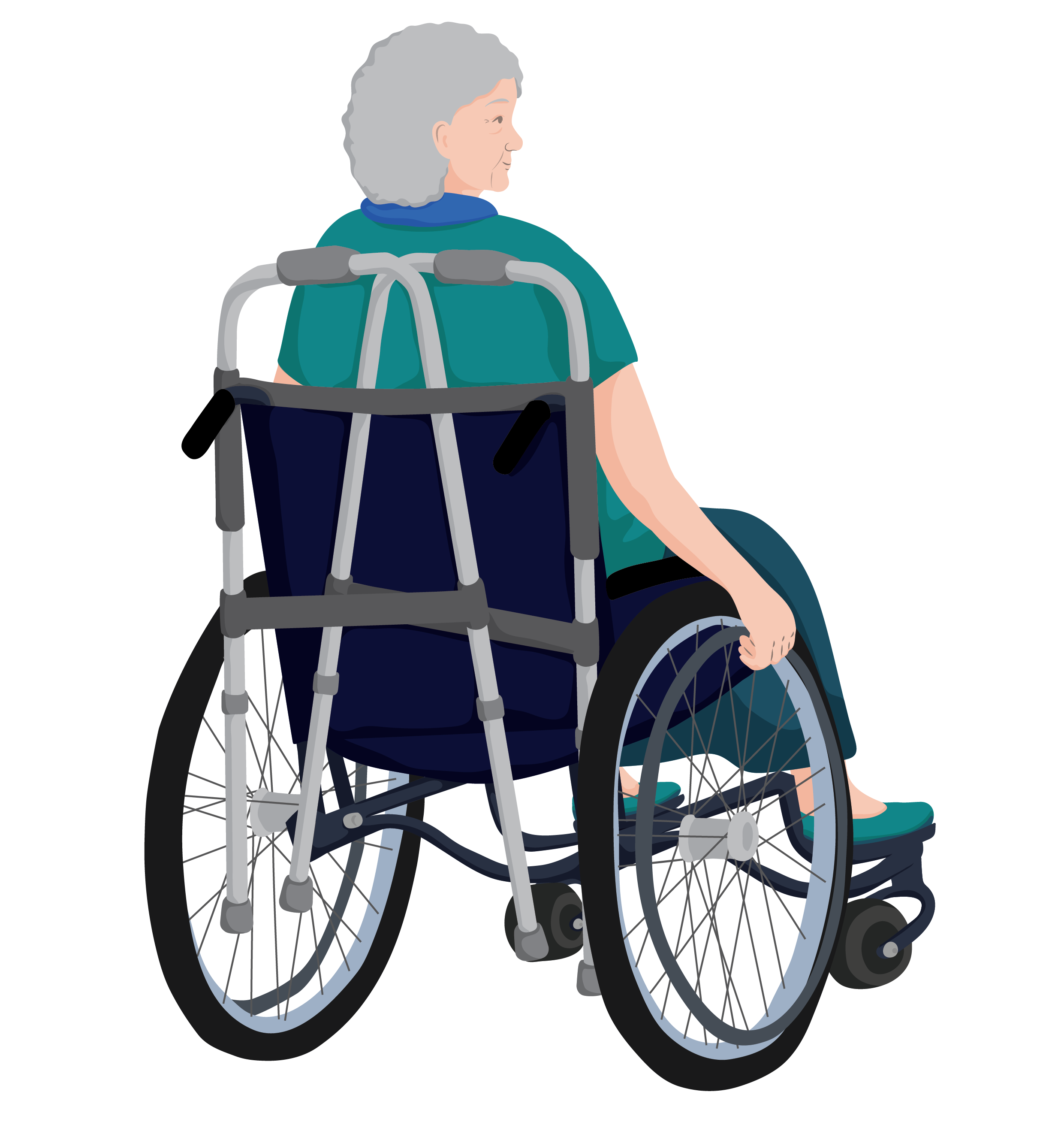 An older woman sitting in a wheelchair with her hands on the push rims of the wheels.