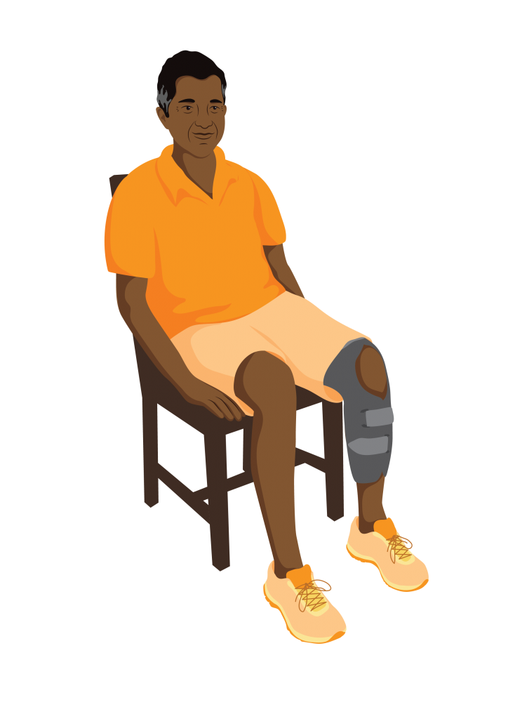 घुँडाको ब्रेस लगाएर बसिरहेको ह्युगो