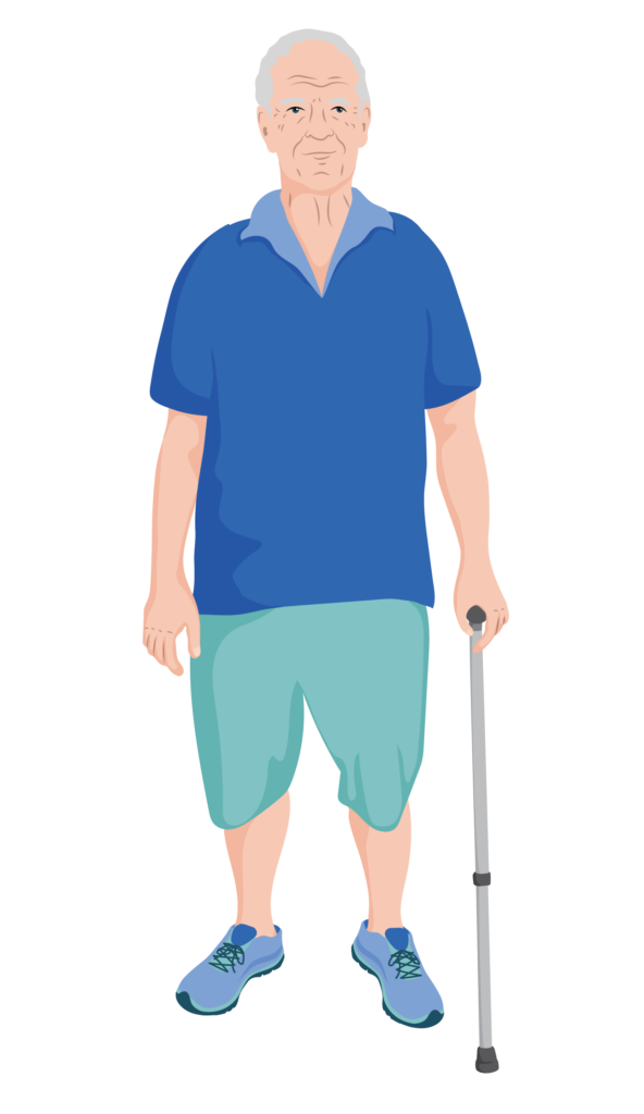 Jensen is an older man wearing suitable shoes and stands with a walking stick.