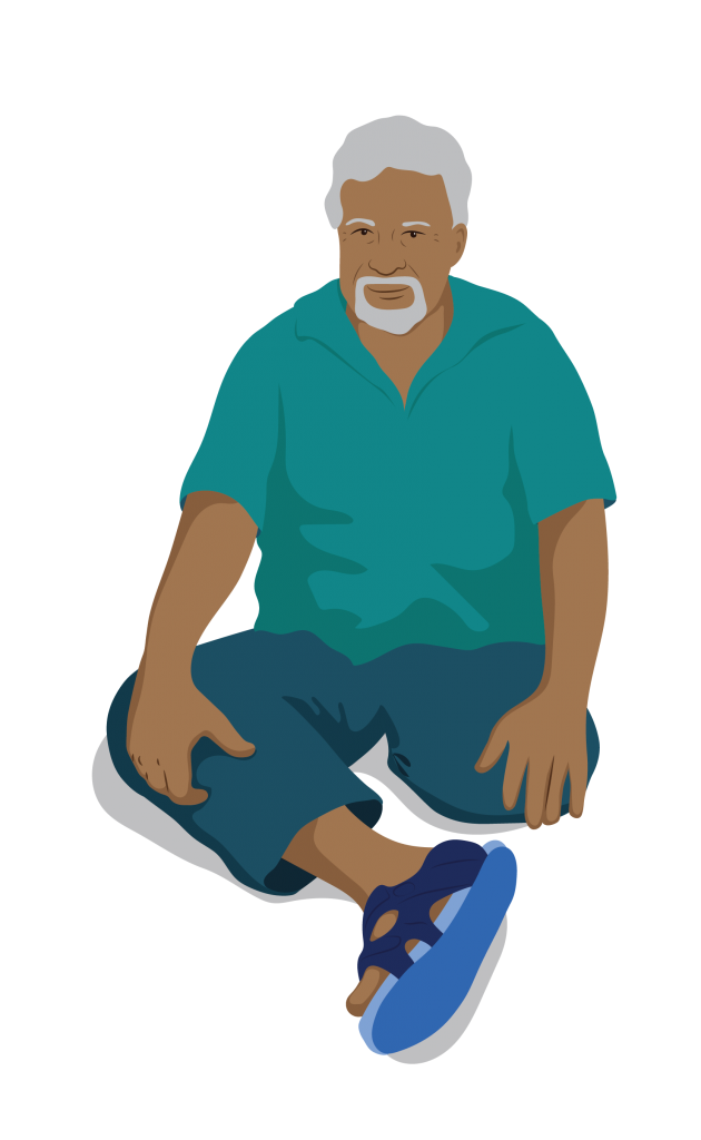 Ravi sitting on the floor without his prosthesis.