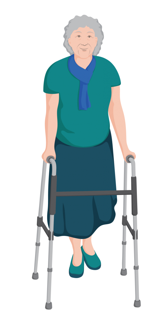 Cali, an older woman, standing with support of a walking frame.