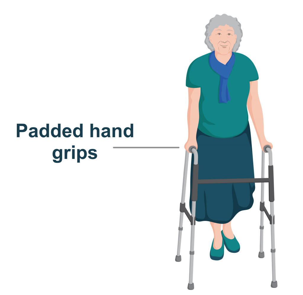 Cali using a walking frame with added padding on hand grips