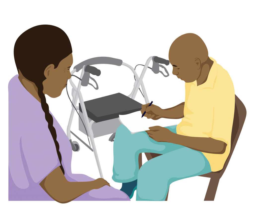 Sofia with her rollator at a follow-up visit