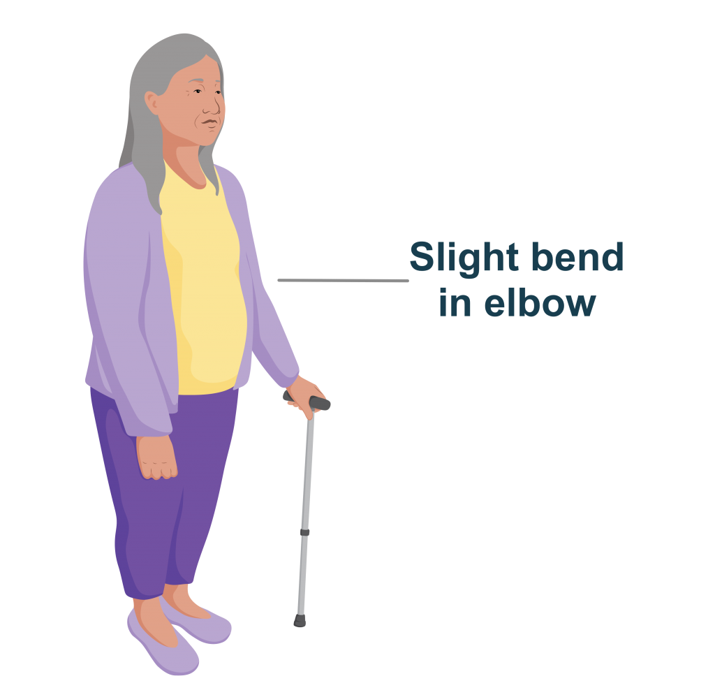 Nguyen with a walking stick with a slight bend at the elbow