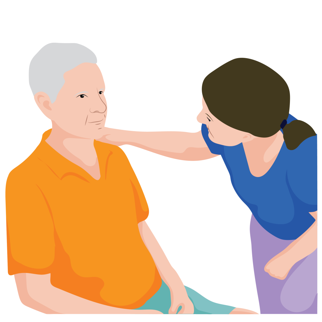 A service provider leans down to look at a man’s eyes from an arms distance away.