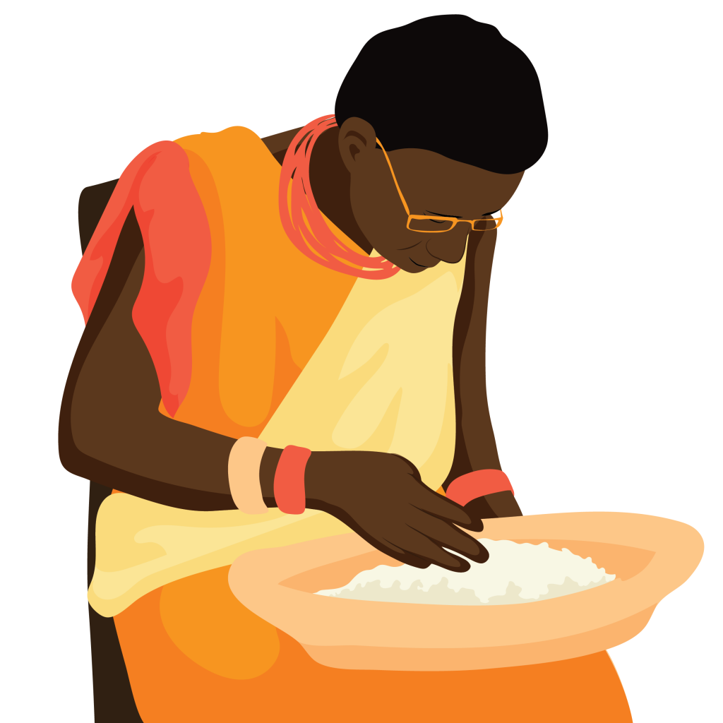 A woman with near vision spectacles sorts rice.