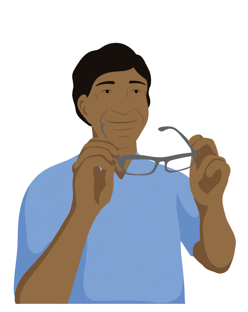 Rashid putting on his glasses using both hands