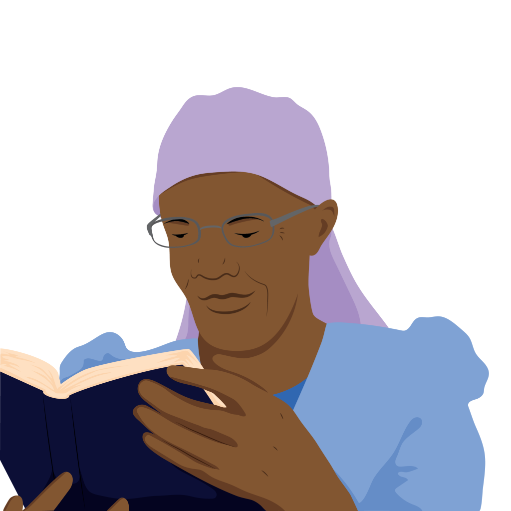 woman reading a book wearing glasses