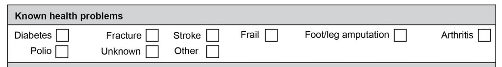 Screenshot of the assessment form showing the section on known health problems.