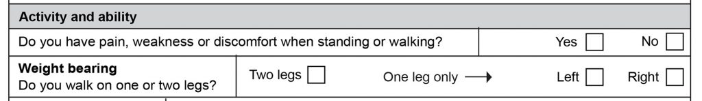 Screenshot of the assessment form showing the section on weight bearing.