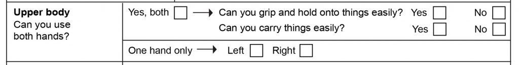 Screenshot of the assessment form showing the section on hand function.