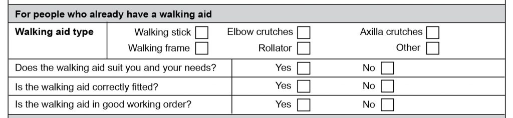 Screenshot of the assessment form showing the section on what to do when a person already has a walking aid.