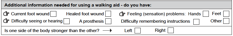 Section of the TAP walking aids assessment form on additional information to collect during assessment.