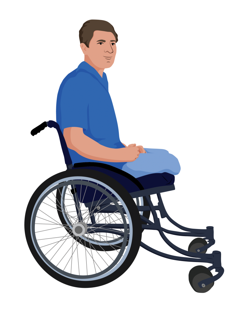 A man with both legs amputated, sitting in his wheelchair.
