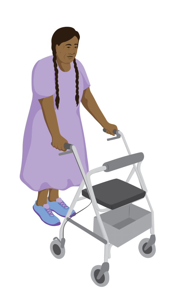 Sofia, a woman wearing sturdy shoea, walks with the support of a rollator.