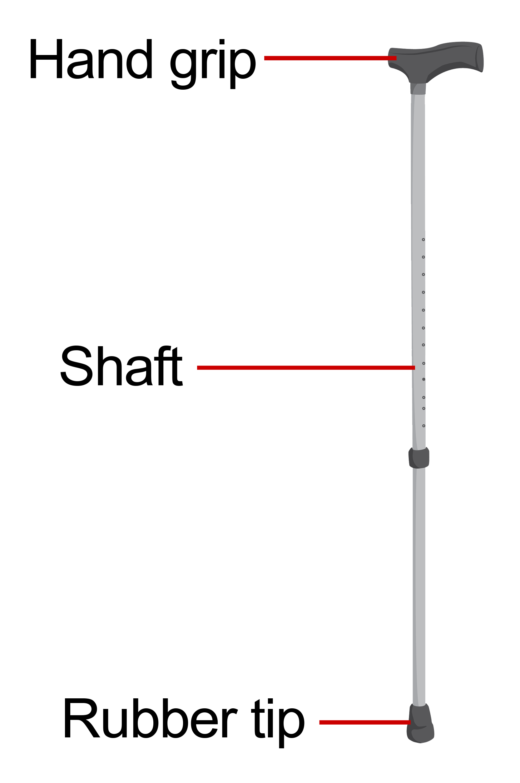 A walking stick with parts labelled hand grip, shaft, and rubber tip.