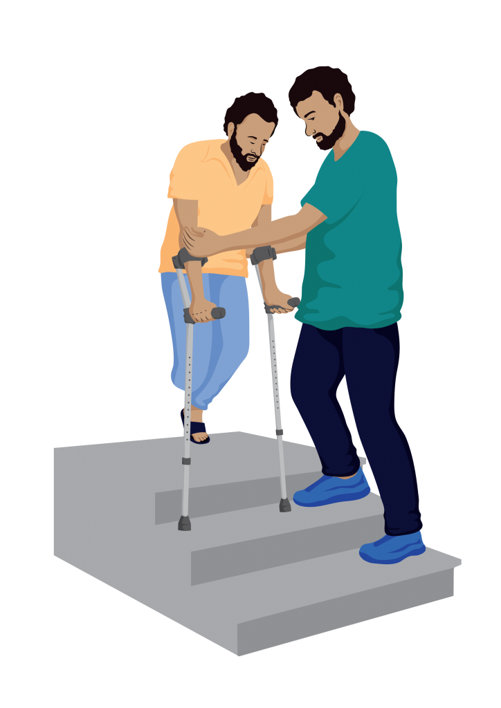 A service provider helps Asif to use elbow crutches to go down stairs.