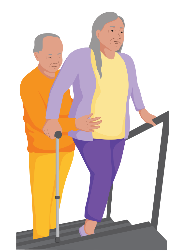 A man stands slightly behind Nguyen with his hands on her hips as she uses a hand rail to help go up stairs.