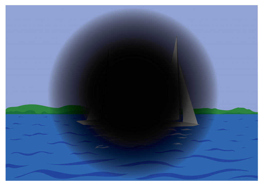 An ocean scene is blocked from view by a big dark circle in the centre of the image.