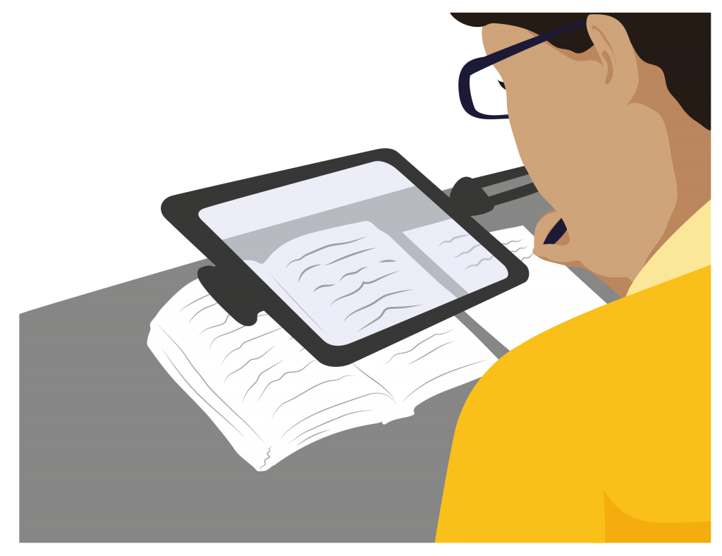 A sheet magnifier, which is a thin flat magnifier the size of a small book, mounted on a stand and placed over an open book. Daniel is looking through it to see the book underneath.
