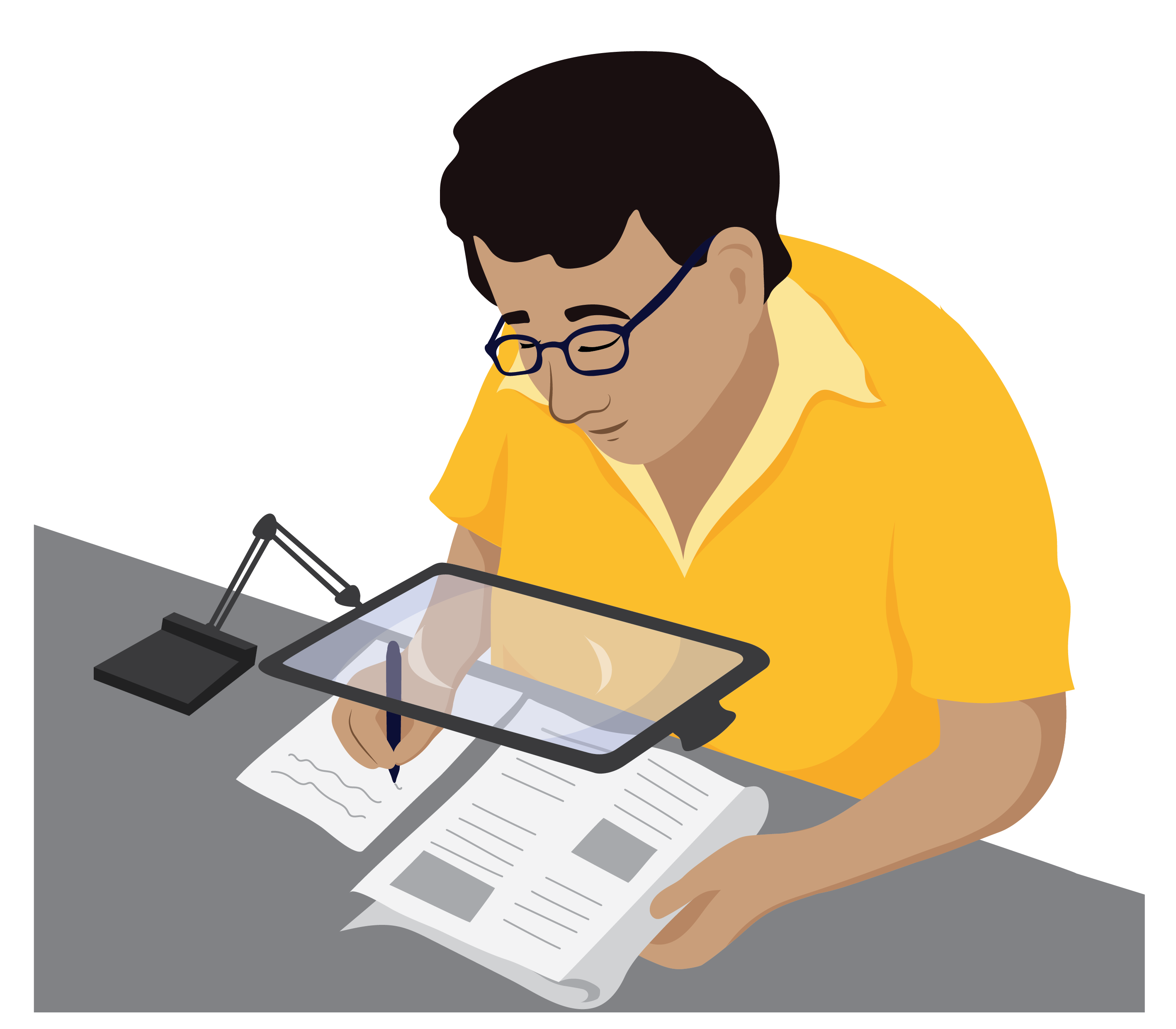 A man sitting at a table writing on some papers in front of him. He is wearing spectacles and looking through a sheet magnifier on an adjustable stand that is placed over the papers.