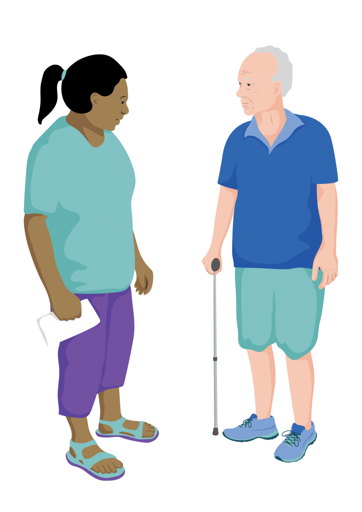 A service provider is talking to a man who is holding a walking stick.