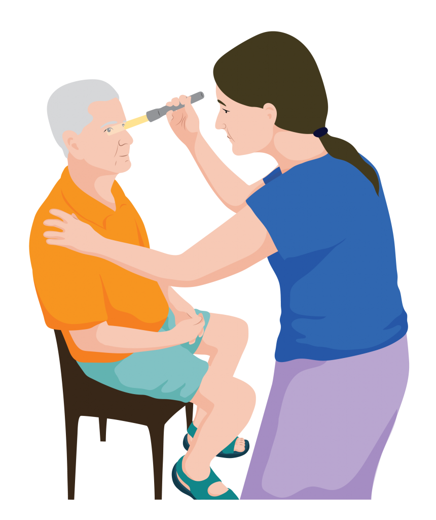 A service provider shines a pen torch in a man’s eyes at a 45 degree angle.