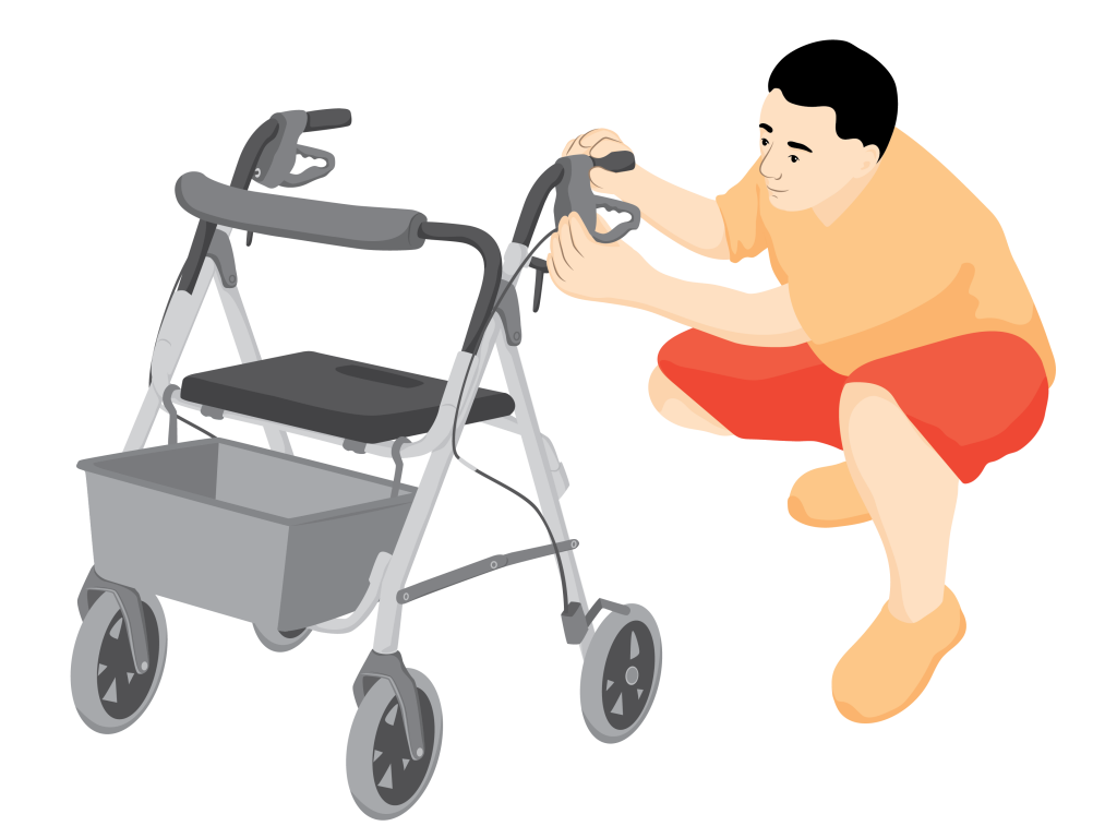 A service provider tightens the brakes on Mathias’ rollator.