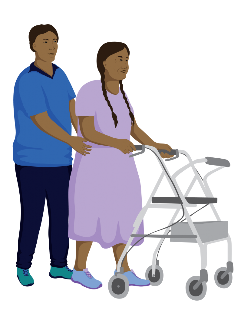 A service provider stands At Sofia’s side and slightly behind her with his hands on her hips as she walks with her rollator.