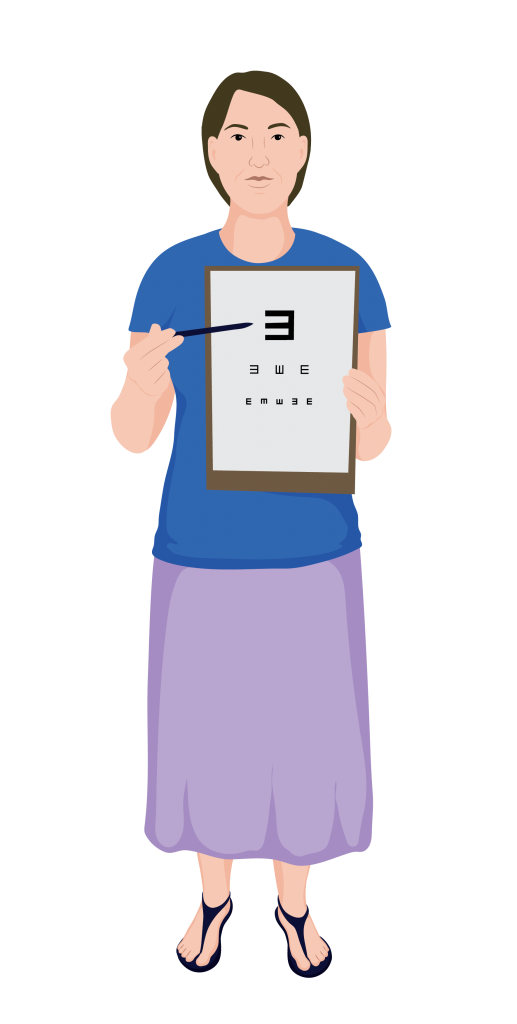 A service provider holding E-Chart at chest level facing the viewer, she is gesturing to the large E with a pen.