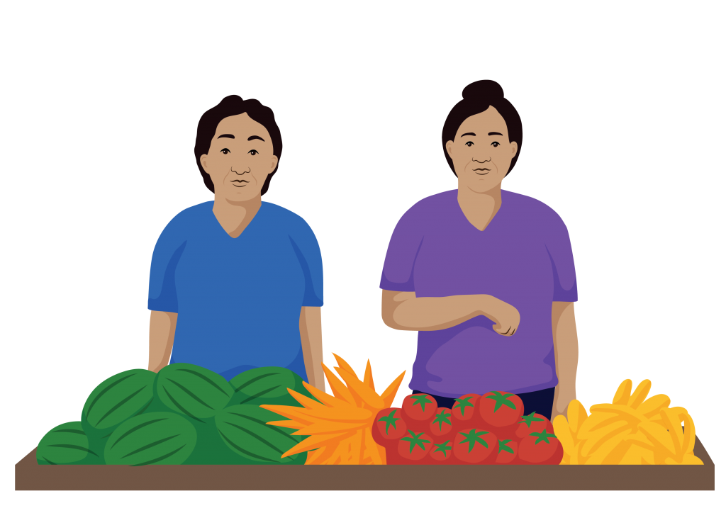 Lei and her friend standing side by side behind their market stall selling vegetables.