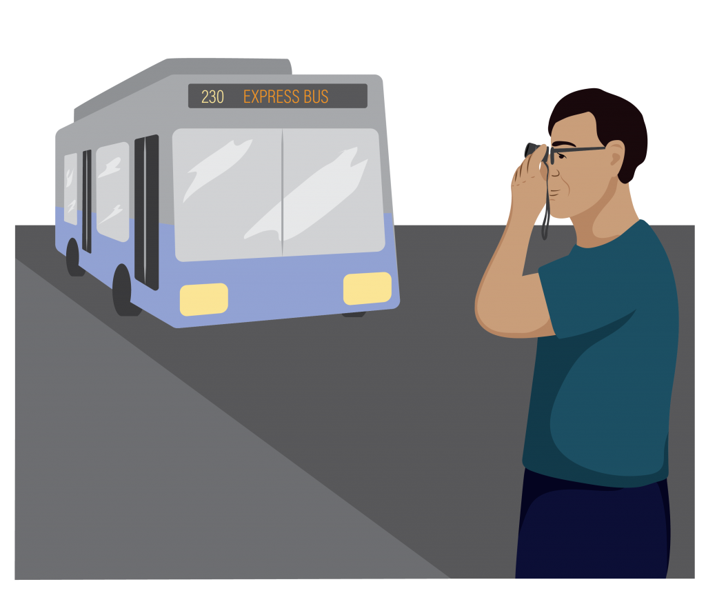 Manuel using his prescription spectacles and a telescope to see the bus number from a distance.