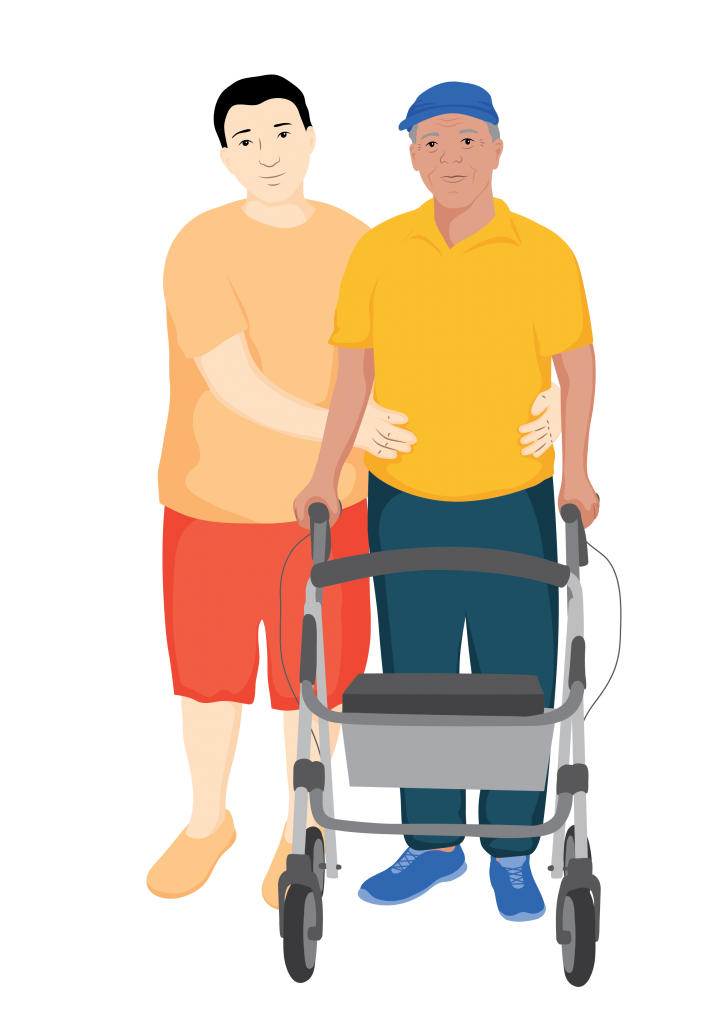 A service provider helping Mathias to walk with his rollator. The service provider is standing to the side and behind Mathias and has both hands on his hips. Mathias is holding his rollator with both hands.