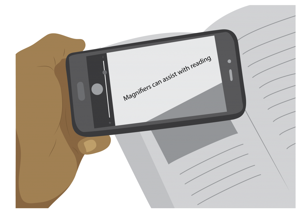 A smartphone being used to magnify text from a book.