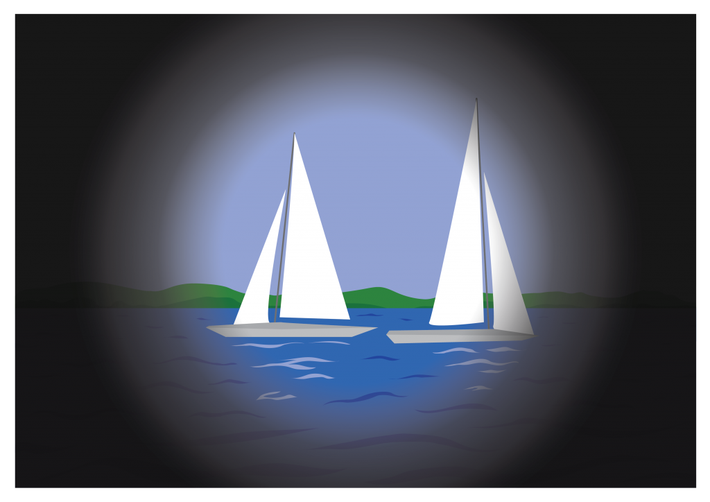 An ocean scene where only the centre of the image is visable. We can see two boats, but their surroundings are blocked out.