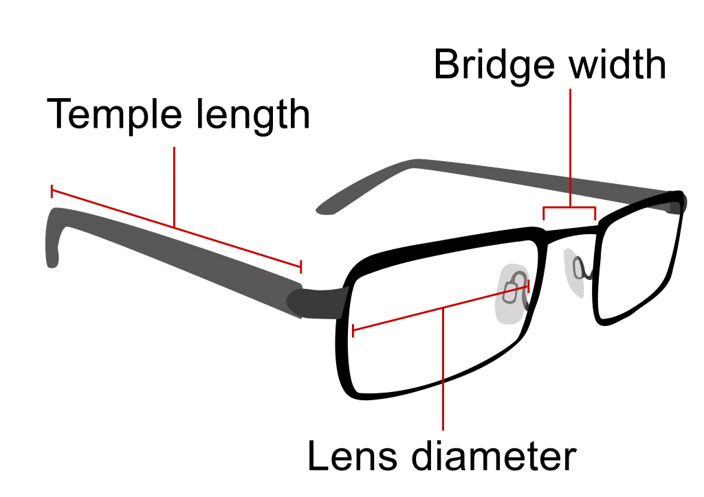 Near vision spectacles showing the temple length which is from one end of the flexible arm to the other end. The bridge width is the measurement of the piece that sits above the nose, and the lens diameter is the width of the lens.