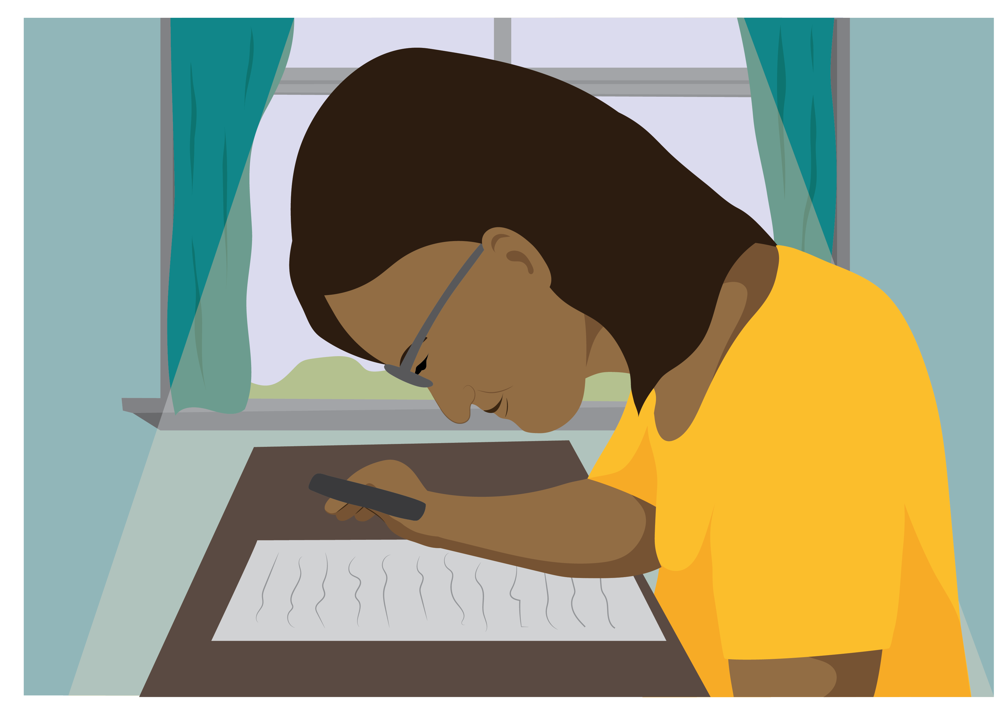A woman sitting next to a window, using a handheld magnifier and spectacles to read.