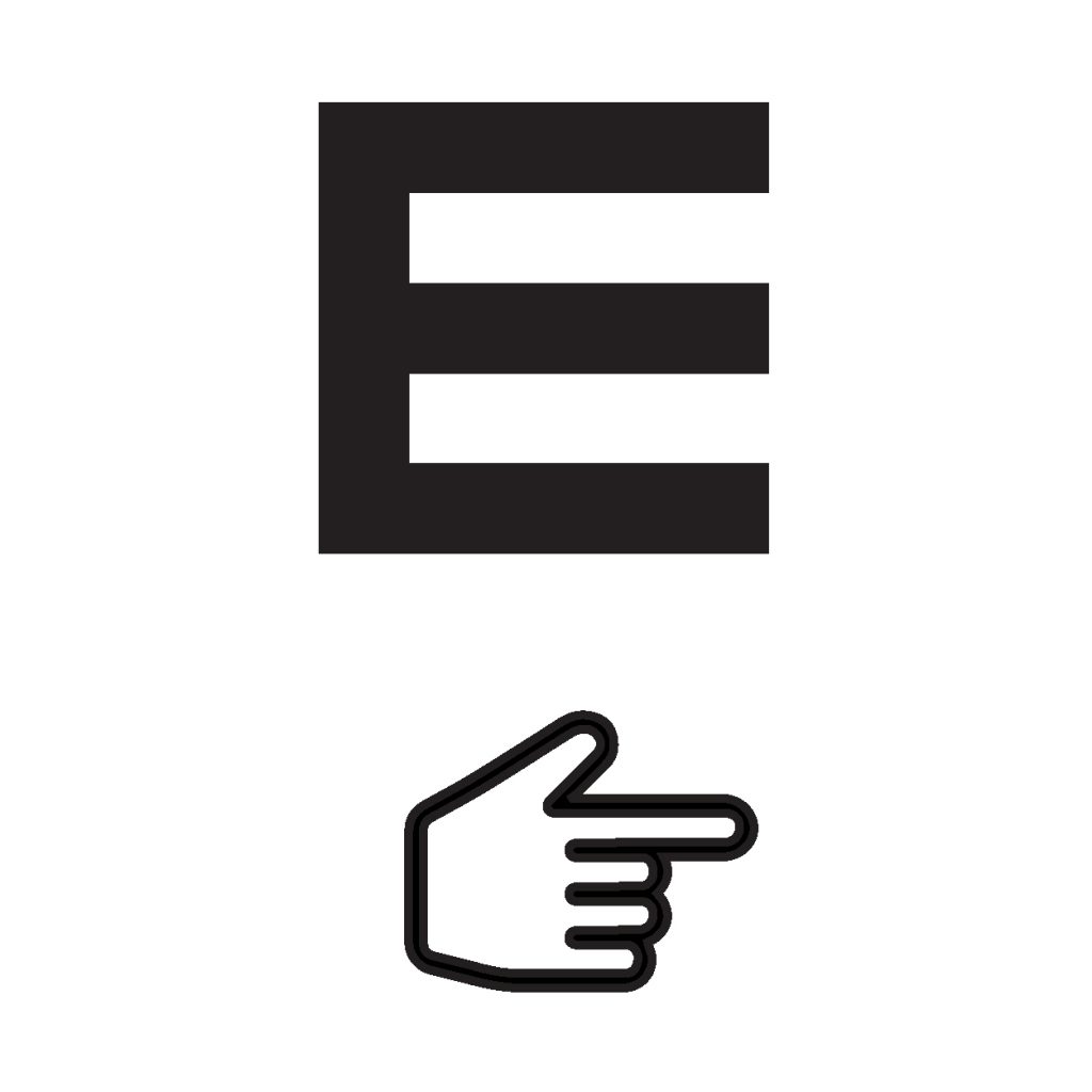 E with hand to indicate facing right.