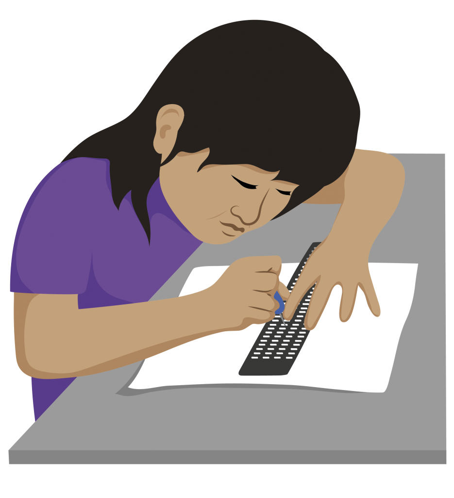 A girl leaning over a page using a slate and stylus to write. The slate is a small board with rows of open windows in it, The stylus is a pointed tool that she is pushing into one of the windows in the slate.