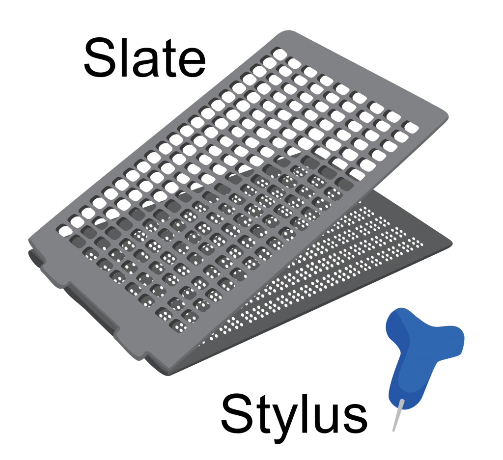 Two rectangular sheets, the top part has small windows and the bottom part has six small depressions that fit into the windows. It is labelled slate. Next to it is a small T-shape object with a pointed end. It is labelled stylus.