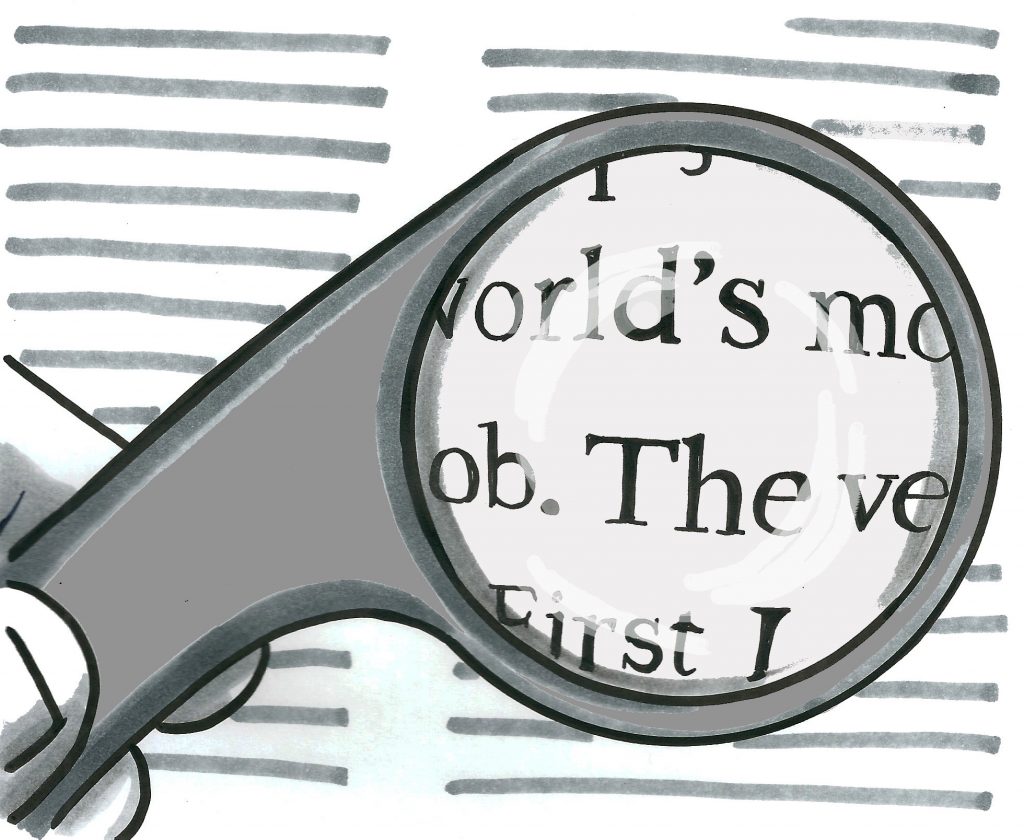 A handheld magnifier, which is a round lens with a frame and handle, being used to enlarge text.