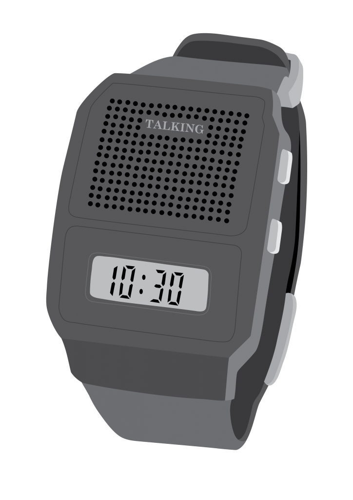 An electronic watch with a small display and large speaker.