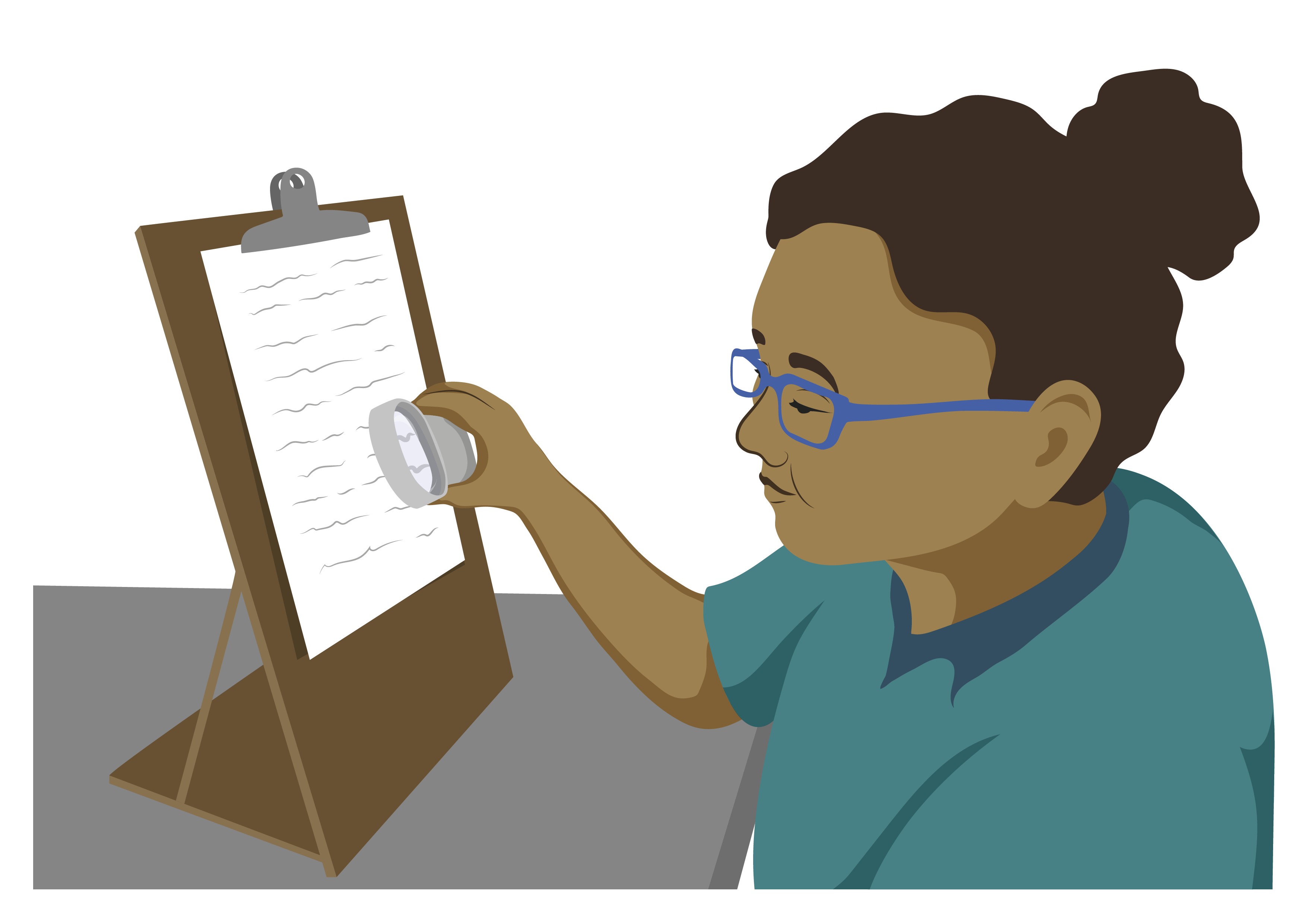 A woman wearing spectacles using a handheld magnifier to read text on a board with a stand in front of her.