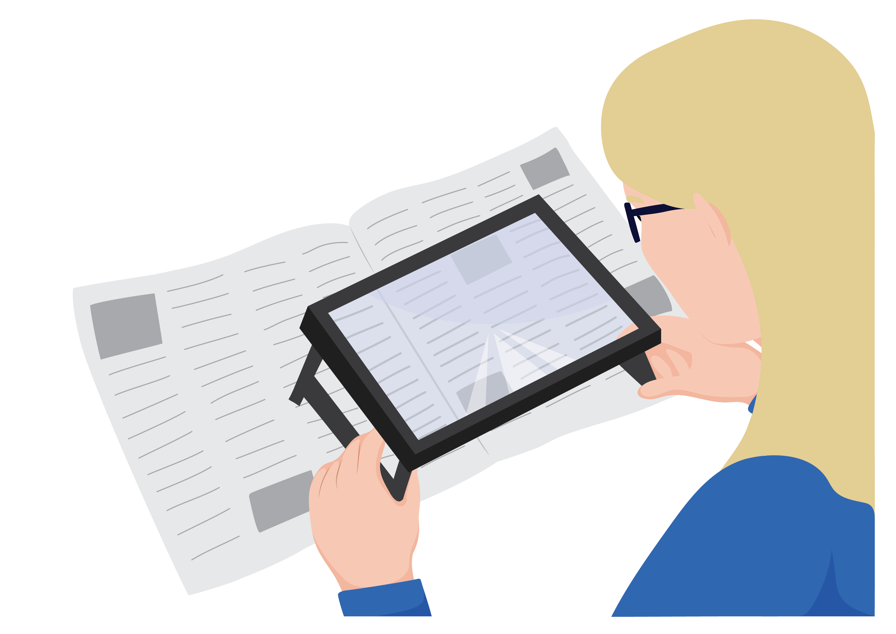 A woman wearing spectacles using a rectangular shaped stand magnifier to read a newspaper.