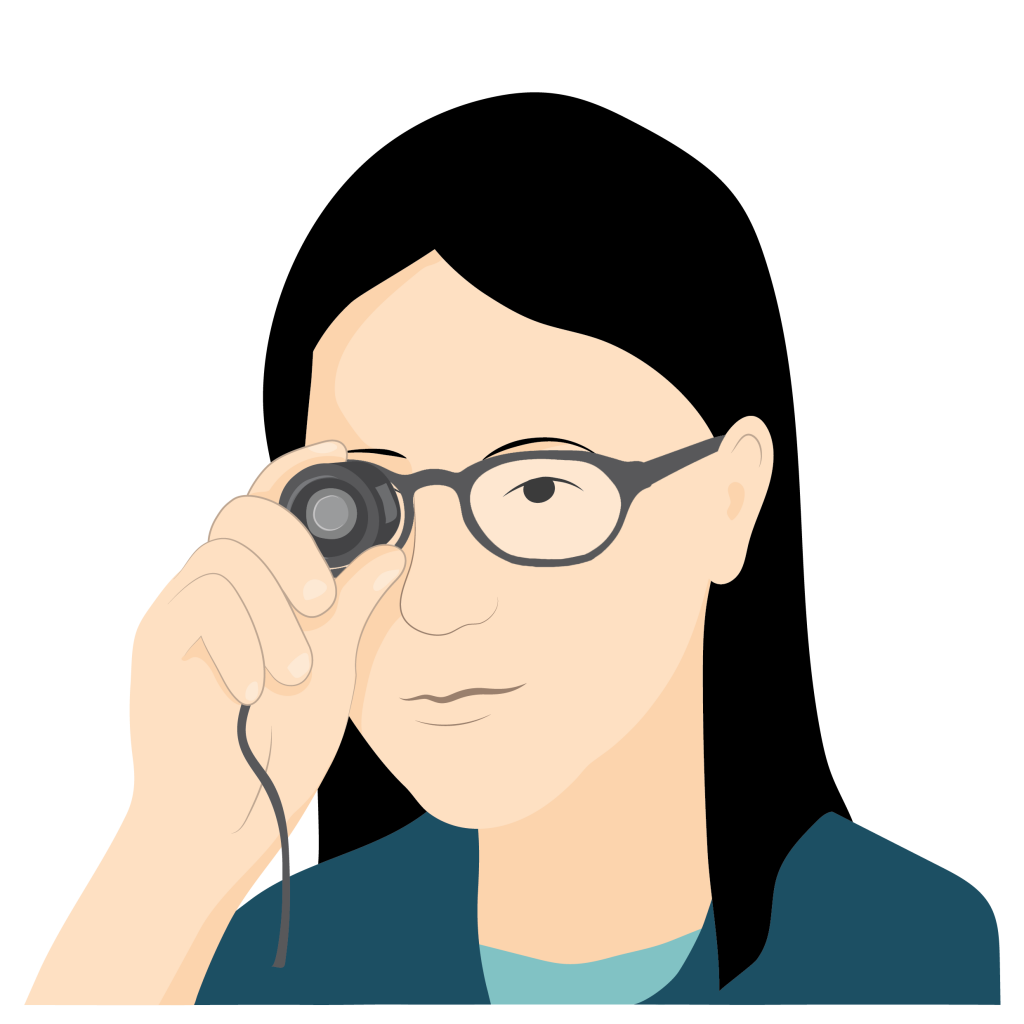 Ying wearing her prescription glasses uses a telescope.