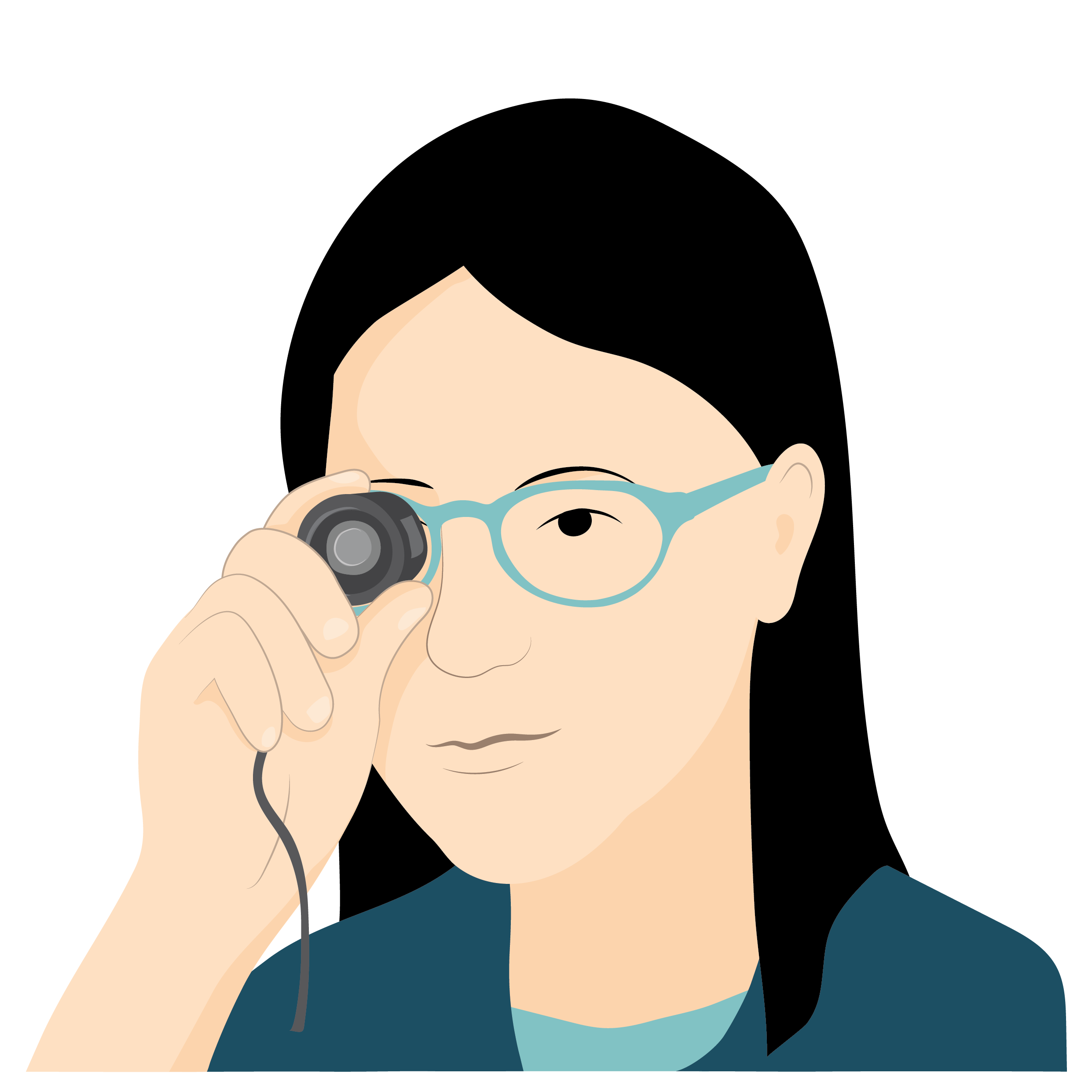 Ying wearing her prescription spectacles uses a telescope.