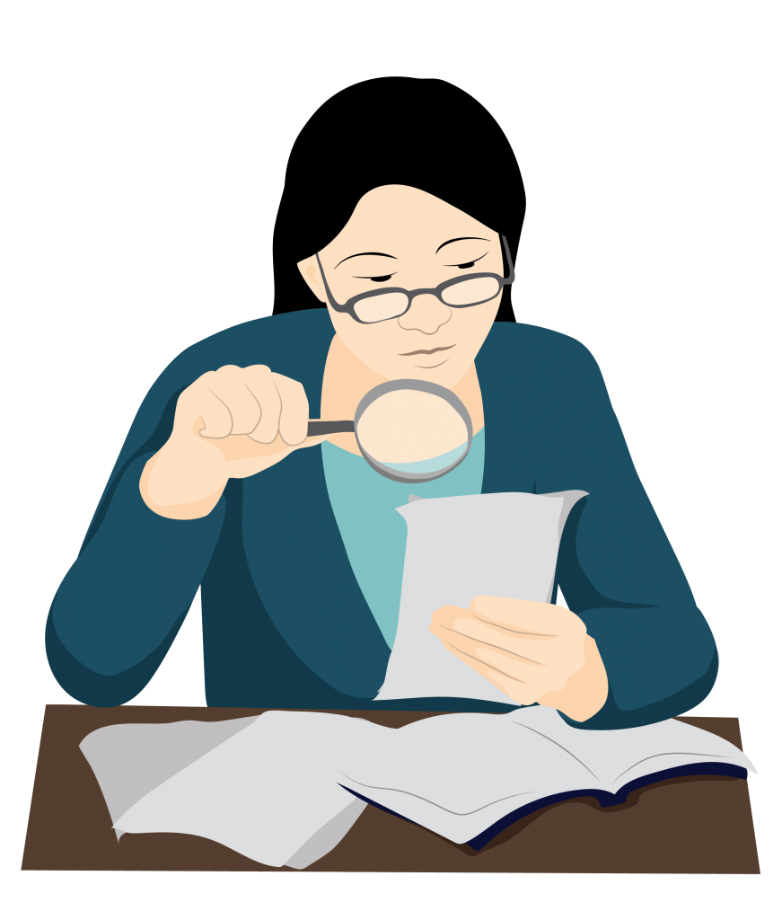 Ying uses a handheld magnifier with her prescription glasses to read a piece of paper