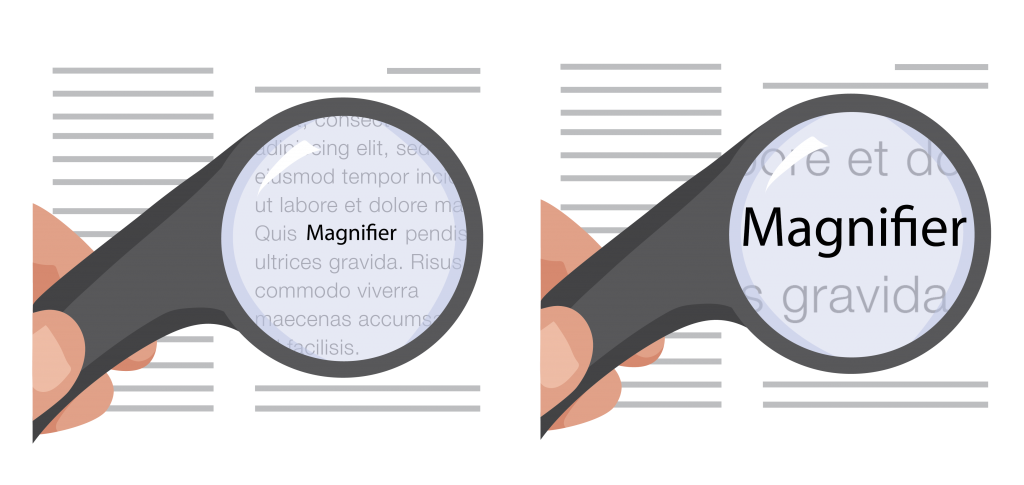 Two handheld magnifiers showing different levels of magnification. The weaker level shows more words at a smaller size. The stronger level shows less words at a larger size.